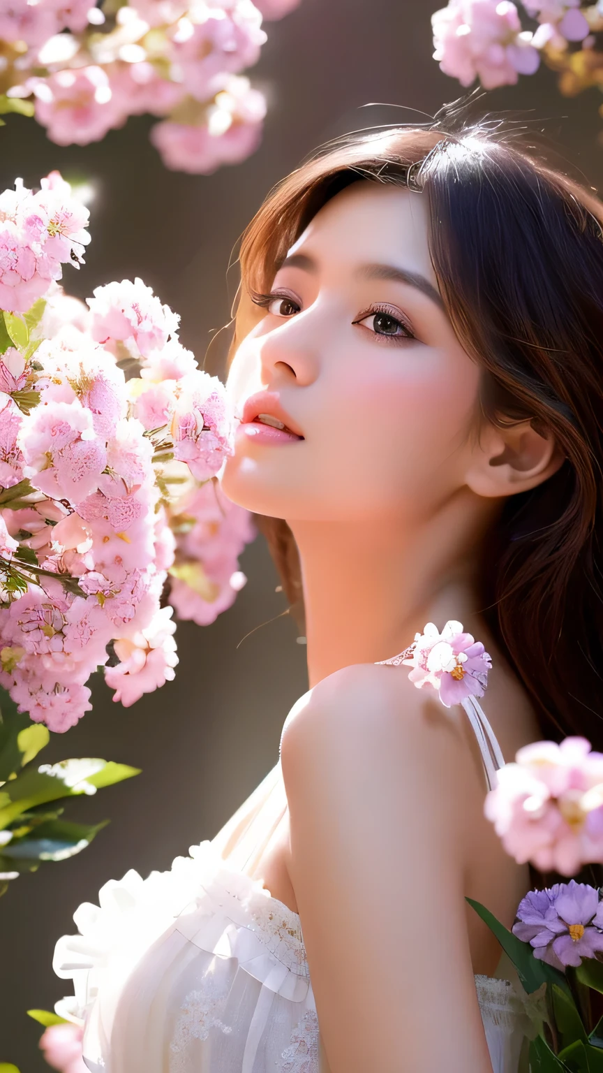 highest quality, masterpiece, High resolution, Perfect detail, （Very elegant and beautiful：1.1）, （Official Art, Aesthetic and beautiful：1.2）, （Fractal Art：1.3）, （The effect of many flowers：1. 4）, One Girl, Upper Body, front, Portrait, Very colorful, （The effect of many flowers：1.3）, Lots of petals, Beautiful light, Great beauty, （A face with fine eyes：1. 1), (Beautiful and clear background: 1.1), fortune teller, race, ribbon, Flowers and petals, Beautiful concept illustration, Hands in front of chest