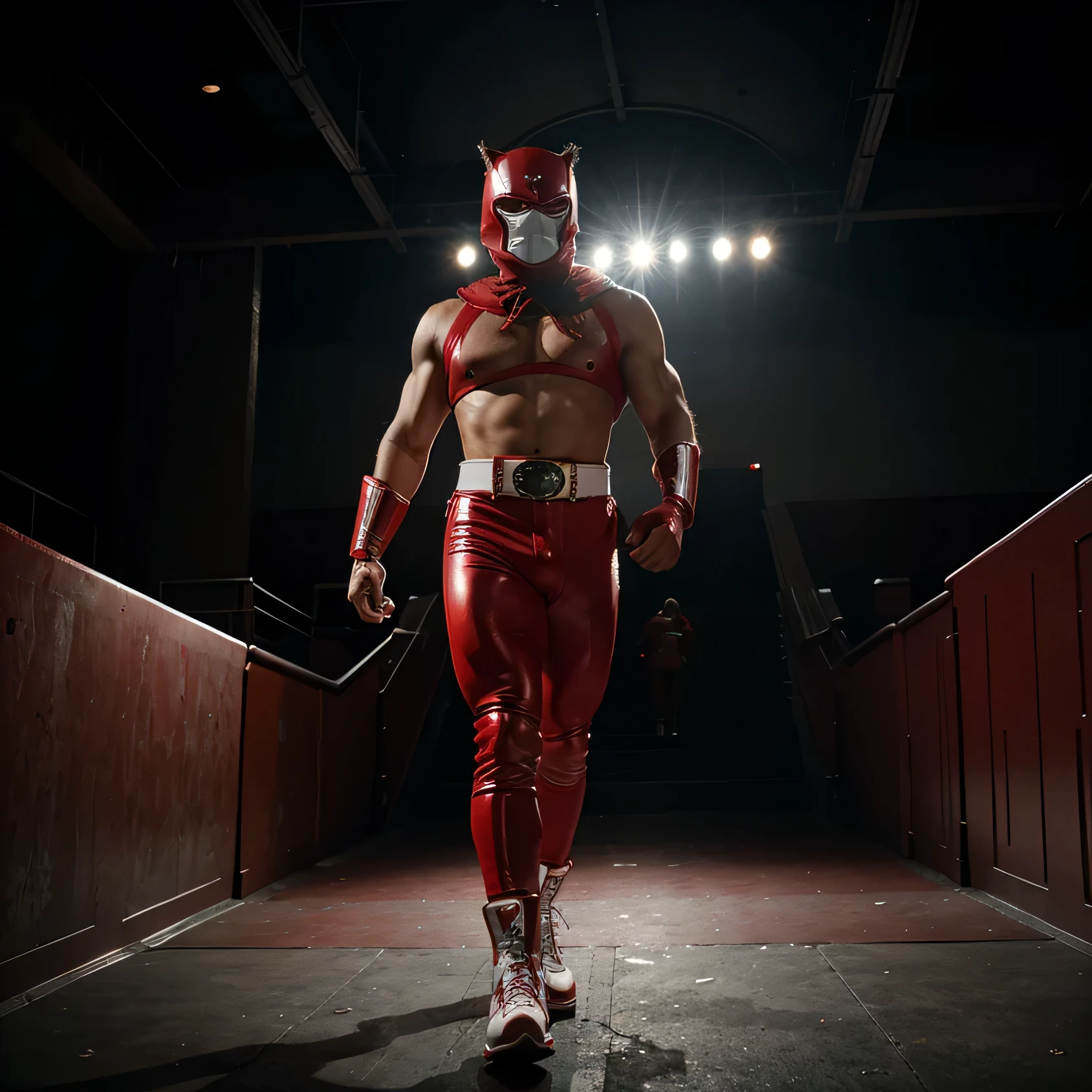 Red masked wrestler wearing red tight pants with white boot walking out from an entrance stage ramp. Wearing big championship title belt. Crowd in the background hyped. Dark background with spotlight