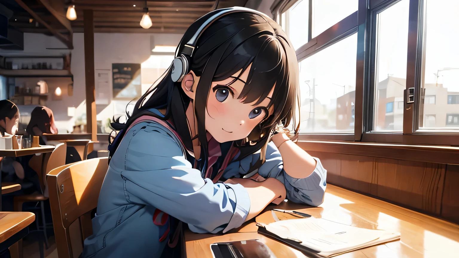 A girl studying in a cafe with headphones on