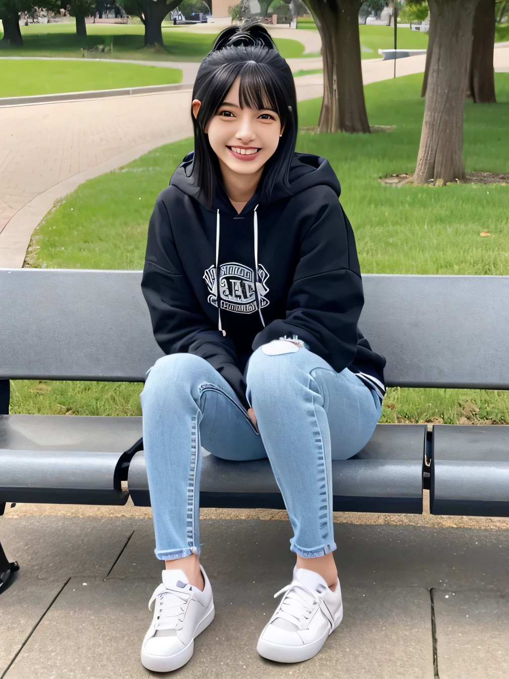 highest quality)), ((masterpiece)), (Get used to it), Perfect Face、((highest quality)), A neat and beautiful woman sitting on a park bench、Ear piercing、hoodie、Skinny jeans、sneakers、Black Hair、Smiling with teeth showing、Full body photo、Ear piercing information