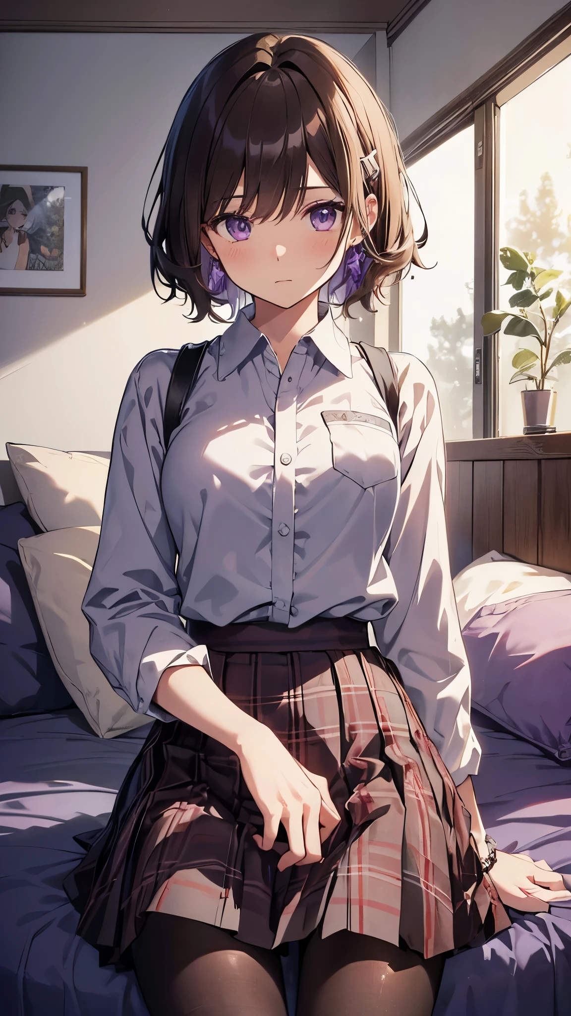 madokahiguchi, Madoka Higuchi YD, Brown Hair, Eyebrows hidden by hair, Gray background, hair ornaments, Hair Clip, Mole, Mole under eye, (Purple eyes:1.1), short hair, Wavy Hair, break black pantyhose, black shirt, pantyhose, Plaid, Plaid skirt, pleated skirt, , shirt, skirt, break indoors, bed, break looking at viewer, (Cowboy Shot:1.5), break (masterpiece:1.2), highest quality, High resolution, unity 8k wallpaper, (figure:0.8), (Beautiful fine details:1.6), Highly detailed face, Perfect lighting, Highly detailed CG, (Perfect hands, Perfect Anatomy),