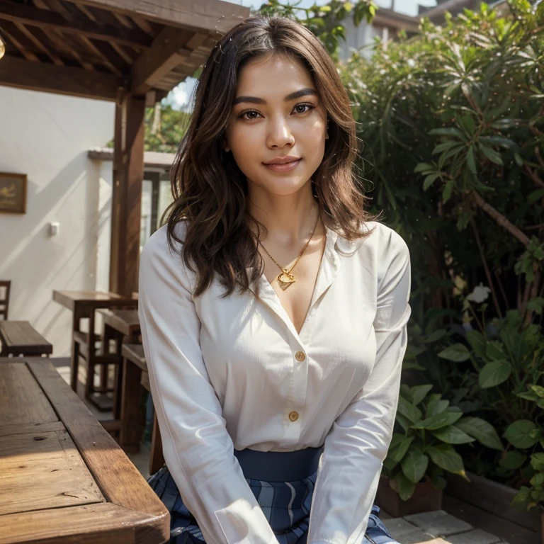 (in 8K, Raw-Photo, best quality, masterpiece:1.2), (epicrealism), (realism:1.6), 1 girl , 31yo, 3/4 body, a beauty, thai ancestry, beautiful thai girls, beautiful thai women, mestiza, perfect face, slim normal body, wolf cut, (wavy hair), bob cuts hair,(Cute smile), looking at viewer, blazers, tucked in shirts, skirt, office outfit, professional look, flat-chested, (gold necklace:1.2), ((The highest quality, 16 k, masterpiece: 1.3)), Biologically Correct Human, reference, detailed faces, luscious lips, detailed lips, detailed eyes, detailed hair, glittering eyes, realistic pupils, detaioed eyess, outdoor, sitting, elegance, at a cafe, dynamic lighting, midmorning, bright lighting, white ambience light, backlight, summer, people in the background watching, deep depths of field, blurry background, dynamic background