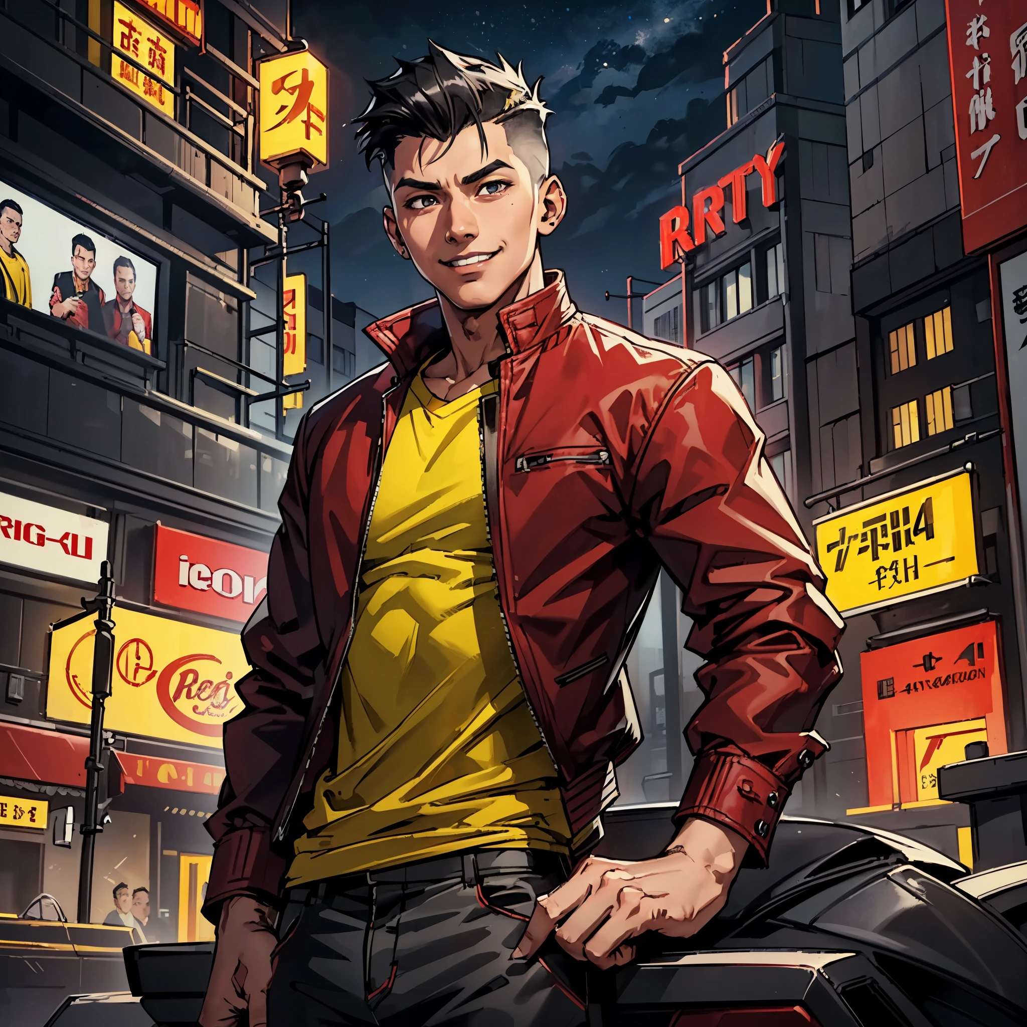 (best quality,4k,8k,highres,masterpiece:1.2), 1boy, solitary, intense gaze, striking gray eyes, black undercut hair, fair skin, (red jacket), (yellow buttoned shirt), Asian American ethnicity, smile, (night city background), vibrant colors, dramatic lighting
