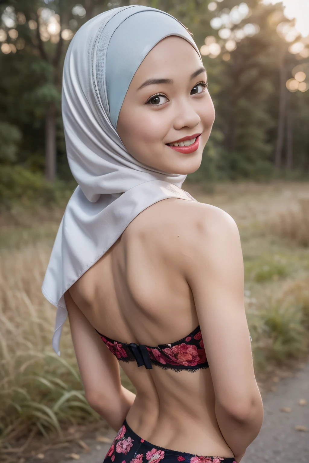 ((Flat chest:1.6)), (Happy smile), (((HIJAB MALAY GIRL))), masutepiece, High quality, UHD 32K, Realistic face, Realistic skin feeling , A Japanese Lady, 8 , , Very cute and baby-like face, (((FLAT CHEST))), (Night time at forest), ((look In front  at the camera and SADNESS)), ((())), (((CUTE GIRL))), ((RED LIPS)), ((Satin Floral Pattern)) little wearing pastel strapless bra, strapless colorful, dark night horror scary place (from behind up) seductive pose