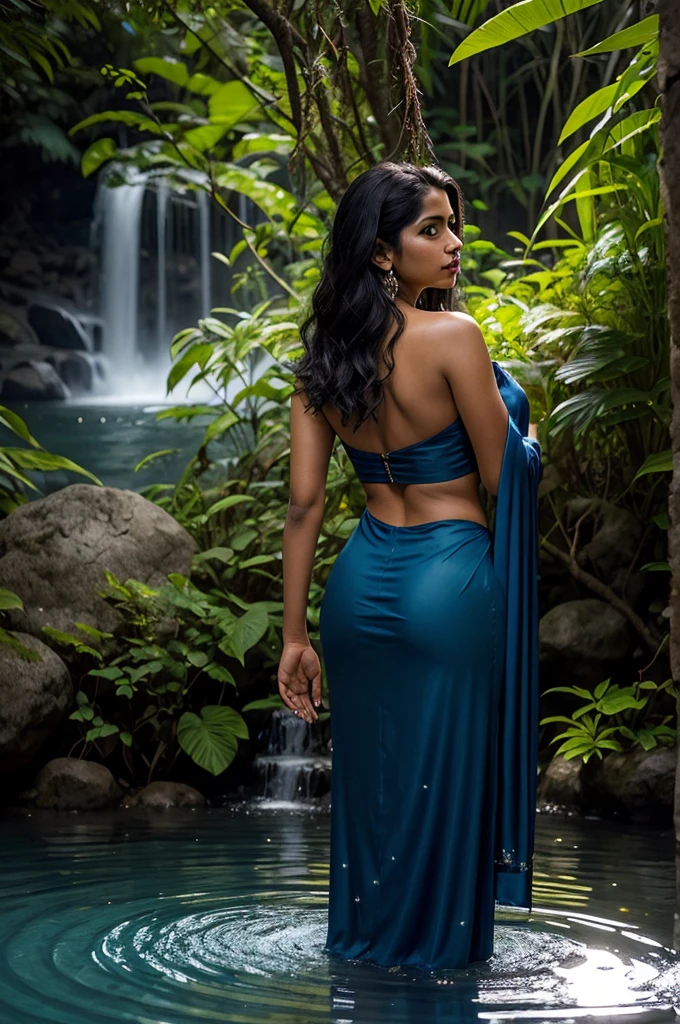Indian woman(unearthly beauty, in the shadows she has 8 arms, amazing proportions, hourglass figure, stars seem to hang and twinkle in her long lustrous hair, dressed in scant extremely fine sheer dark silks), seen from behind, seductive, she knows she is being watched, wading in calf deep dark pool by jungle waterfall with a blue moon in sky, surrounded by fireflies.