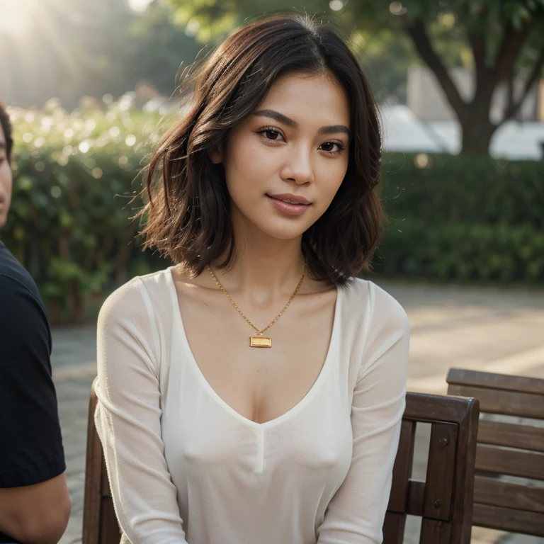 (in 8K, Raw-Photo, best quality, masterpiece:1.2), (epicrealism), (realism:1.6), 1 girl , 31yo, 3/4 body, realistic skin, (skin pores:1.4), a beauty, thai ancestry, beautiful thai girls, beautiful thai women, mestiza, perfect face, slim normal body, wolf cut, (wavy hair), bob cuts hair,(Cute smile), looking at viewer, blazers, tucked in shirts, skirt, office outfit, professional look, flat-chested, (gold necklace:1.2), ((The highest quality, 16 k, masterpiece: 1.3)), Biologically Correct Human, reference, detailed faces, luscious lips, detailed lips, detailed eyes, detailed hair, glittering eyes, realistic pupils, detaioed eyess, outdoor, sitting, elegance, at a cafe, dynamic lighting, midmorning, bright lighting, white ambience light, backlight, summer, people in the background watching, deep depths of field, blurry background, dynamic background