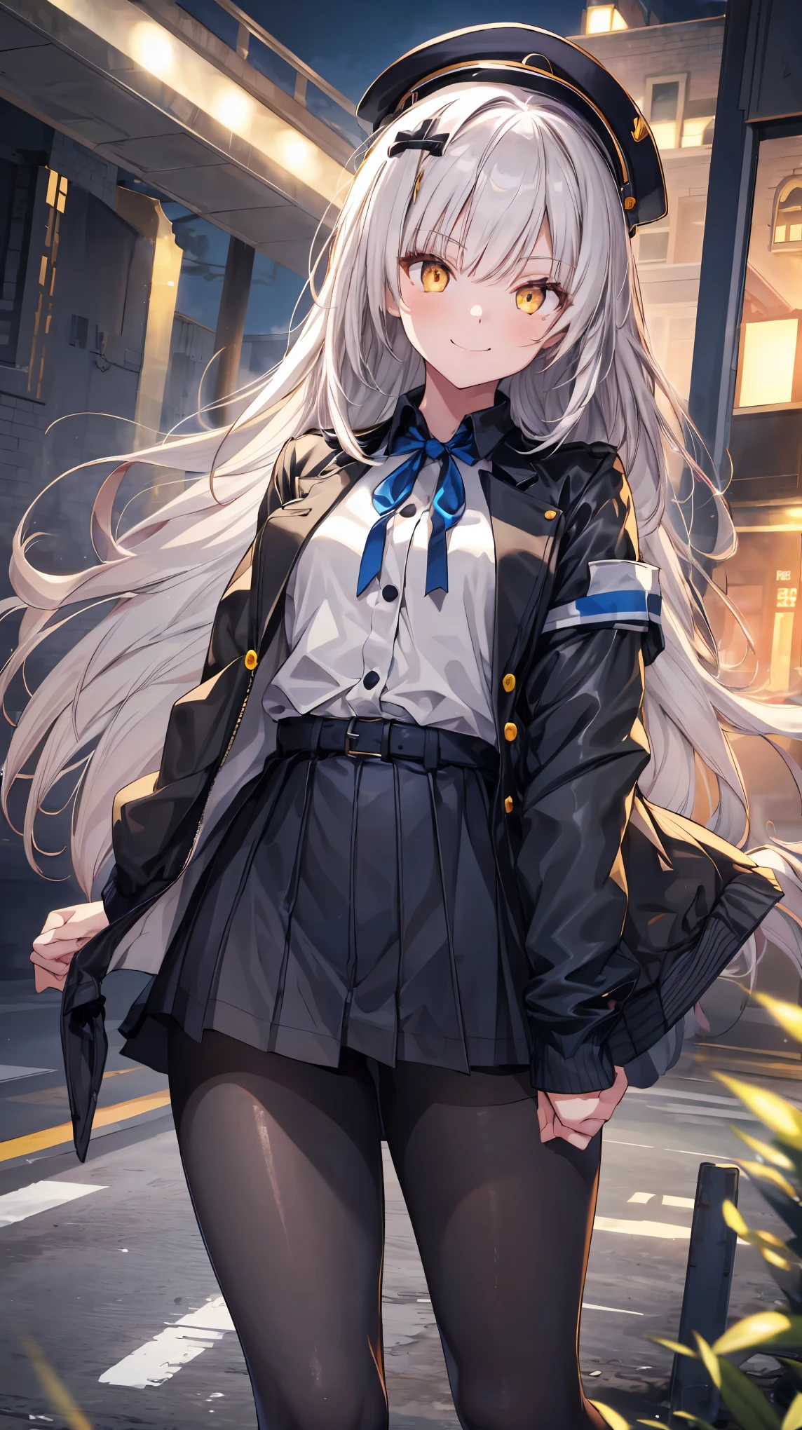 1girl,soline \(nikke\),yellow eyes,silver hair,long hair,hat,black jacket,white shirt,blue neck ribbon,black skirt,black pantyhose,(panties under pantyhose),smile,masterpiece,Noise Reduction,perfect anatomy,high resolution, ultra-detailed,game cg,dutch angle ,beautiful detailed eyes,visualart,five fingers, perfect hands, perfect lighting,