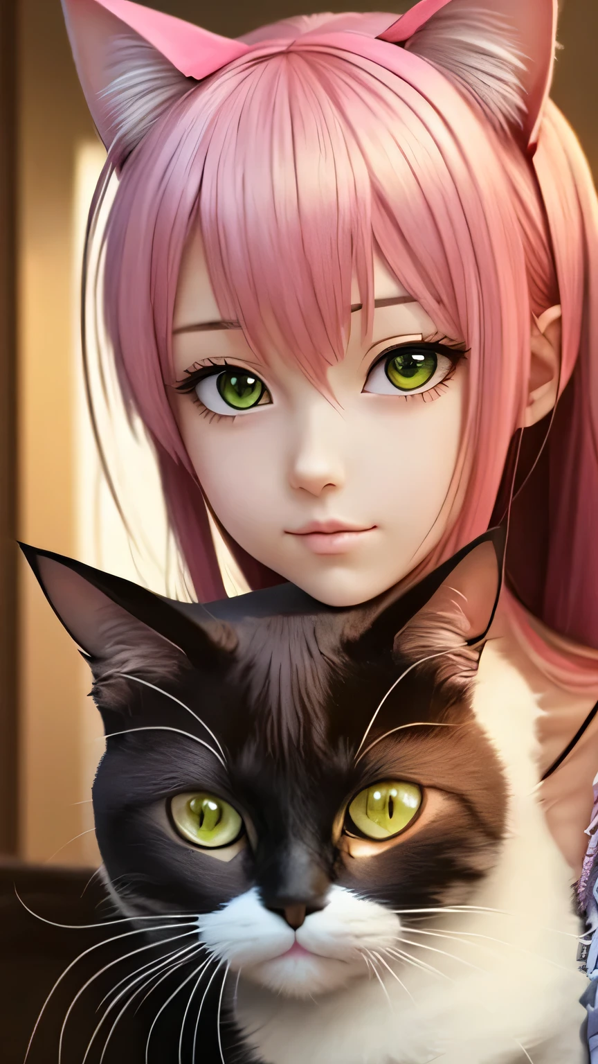 There is a woman with pink hair and cat ears., Very beautiful cute cat girl, Charming cat girl, Real life anime girls, Ultra realistic anime, beautiful Anime cat girl, Anime cat girl, Beautiful young cat girl, Very Beautiful Anime Cat Girl, Surreal , Enchanting anime girl, cute Anime cat girl, Cat ears anime girl
