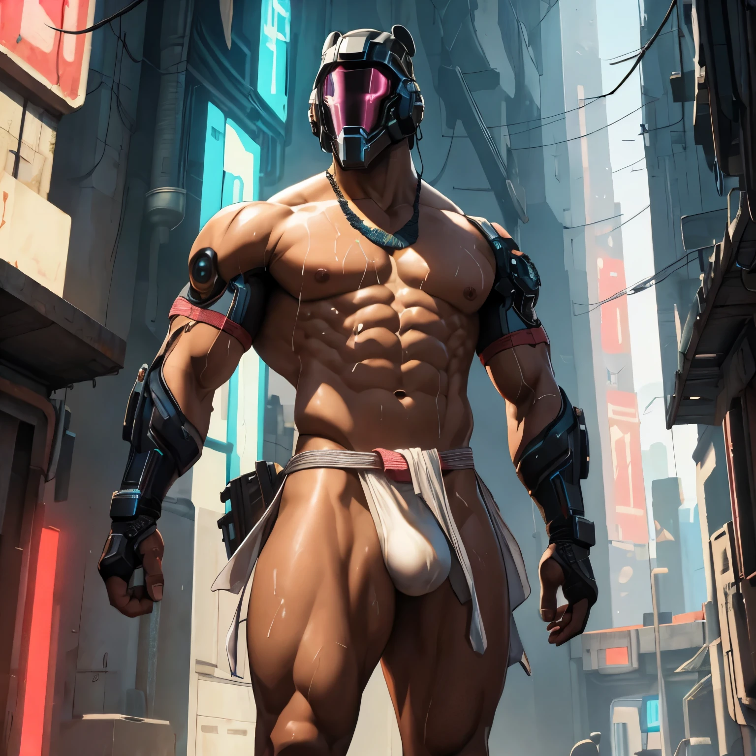 two male, (human body, muscular, full nude, only Glowing cyberpunk future helmet, only skinny Transparent fundoshi, covered semen,) realistic, light skinned, big huge bulge,