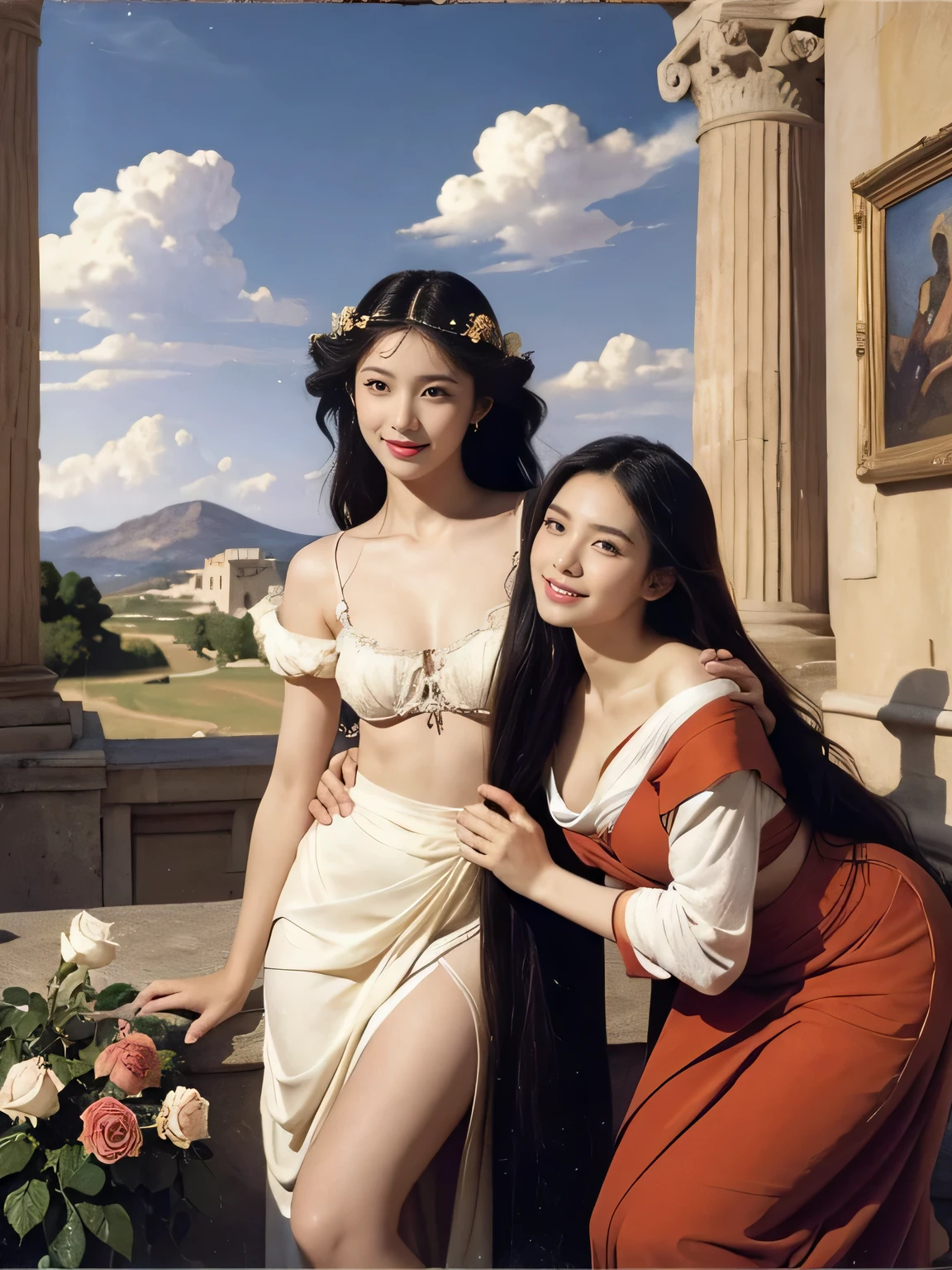 full body portrait or statue、Giorgione painting style,Arguments of two female Philosophe,math、astronomical machine、astronaut、roses in vase、fruits、Cute trinkets、smile、ancient greek costume、Ancient Roman landscape in the style of Nicolas Poussin,laughter,,Sweet and seductive appearance.、Caravaggio's paintings、Chiaroscuro of Caravaggio、hair tousled by the wind,Two women frolicking,cute smile, expression of ecstasy,Sexy,erotic,