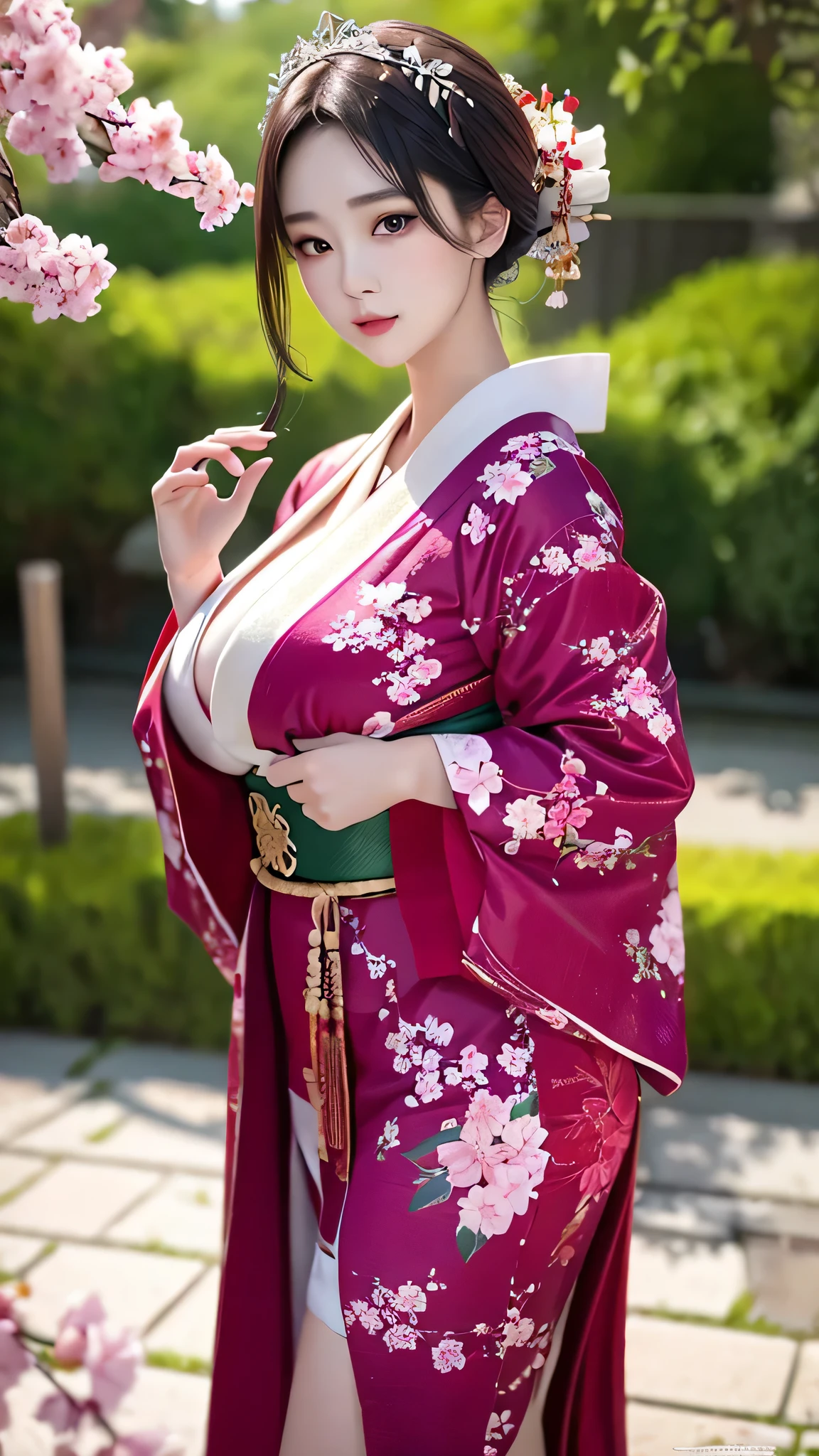 8k CG masterpiece, best quality, photographic realism, meticulously detailed skin, hyper-realistic depiction, High detail RAW color art, diffused soft lighting, shallow depth of field, pin-sharp focus, strikingly hyperrealistic rendition, cinematic lighting, Octane renderer,
Beautiful Japanese woman, with a mature and alluring presence (1.7), stands confidently in the cherry blossoms garden (1.2). Her lustful expression (1.7) captivates the viewer, as she is a 21-year-old seductress (1.7). Her skinny body (1.1) contrasts with her round and jutting buttocks (1.7), making her tall stature (1.5) even more captivating. Dressed in a traditional kimono, this slim waistline (1.0) accentuates her covetable large breasts (1.7). The attractive young woman radiates desire in her eyes
