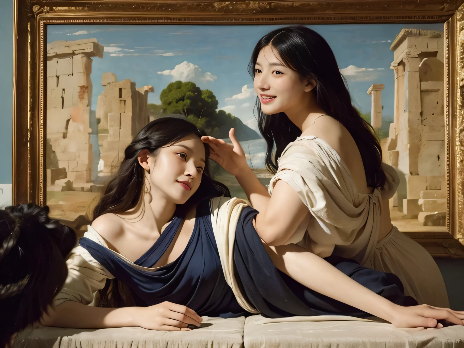 Giorgione painting style,Arguments of two female Philosophe,math、astronomical machine、astronaut、roses in vase、fruits、Cute trinkets、smile、ancient greek costume、Ancient Roman landscape in the style of Nicolas Poussin,laughter,,Sweet and seductive appearance.、Caravaggio's paintings、Chiaroscuro of Caravaggio、hair tousled by the wind,Two women frolicking,cute smile, expression of ecstasy,Sexy,erotic