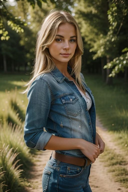 Fotografie of a stunning girl, in der Natur, wearing a denim hotpen, Enjoy, girl, summer, hot girl, (((mittlere Oberweite))), blond Haar, lang_Haar, schaut in die Kamera, symmetrisches Gesicht, Fotorealistisch, Fotografie, spectacular lighting,, Beautiful, Dekollete, western, (masterpiece), best quality, High resolution, extrem detailliert, Haut mit Poren, unscharfer Hintergrund, depth of field, filmische Beleuchtung