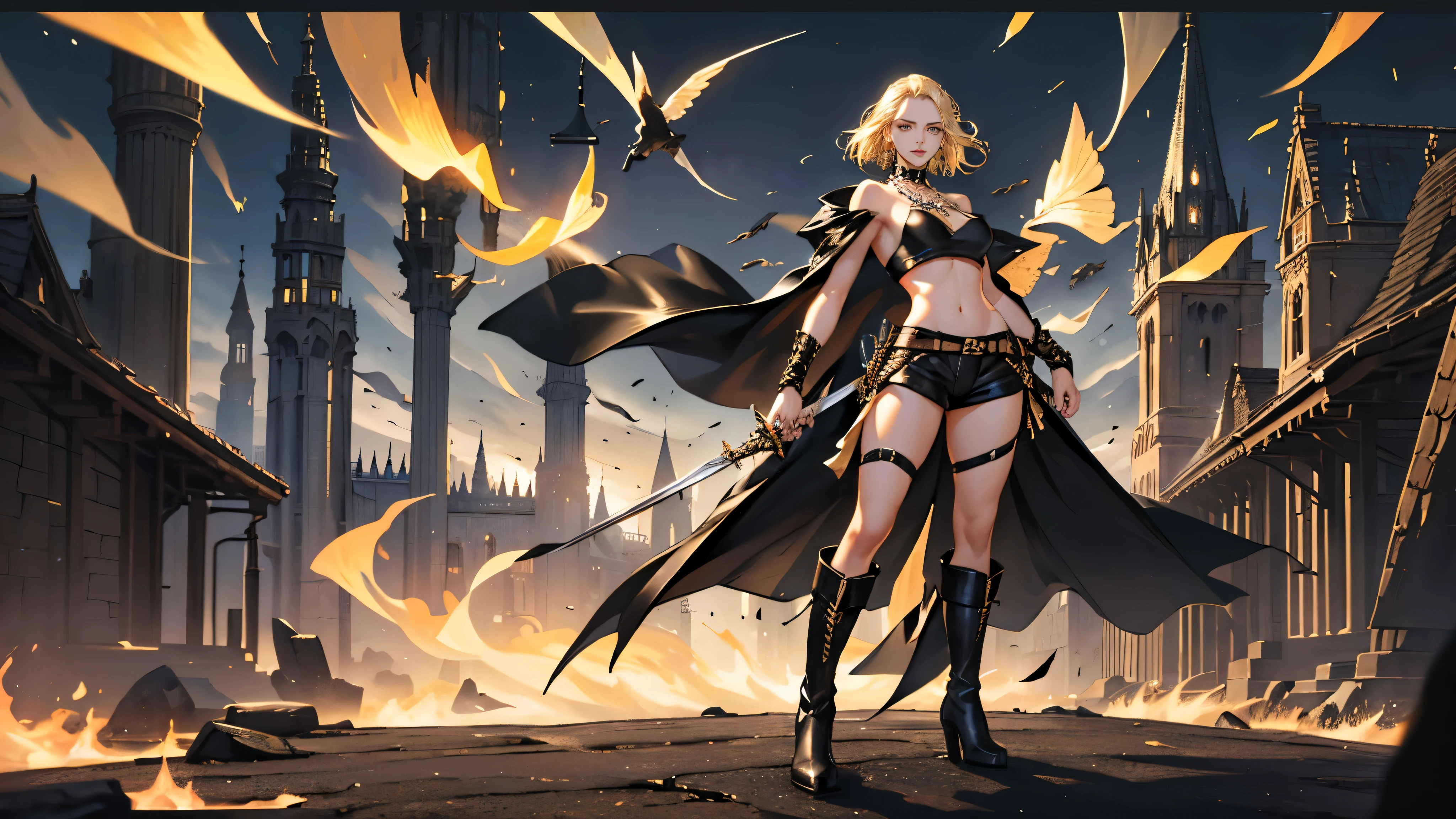 (woman), masterpiece, ultra detailed, 8k portrait, RAW photo, portrait photography, highly detailed face, beautiful and meticulous eyes, ((Fantasy)), 1 woman, solo, (((cool face))), grin, young beautiful, 26 years old, (((drooping eyes))), dynamic pose, are standing, (((Slicked back blond hair))), (((white skin color))), Luxury, ((black and gold lightly sleeveless dressed)), (navel:1.3), ((loincloth)), (((black short pants))), (((big collar transparent long cloak))) fluttering in the wind, (((leather boots))), wearing lot of many accessory, ((jewel necklace)), (((holding a short sword))), neckline, Midday Sun, hyper realistic, athletic body, beautiful real sculptural body, big breasts, Beautiful breasts, Long legs, in the medieval european merchant guild, Ambient lighting, Shadow details , Camera focus on thigh, strong breeze, Light fog