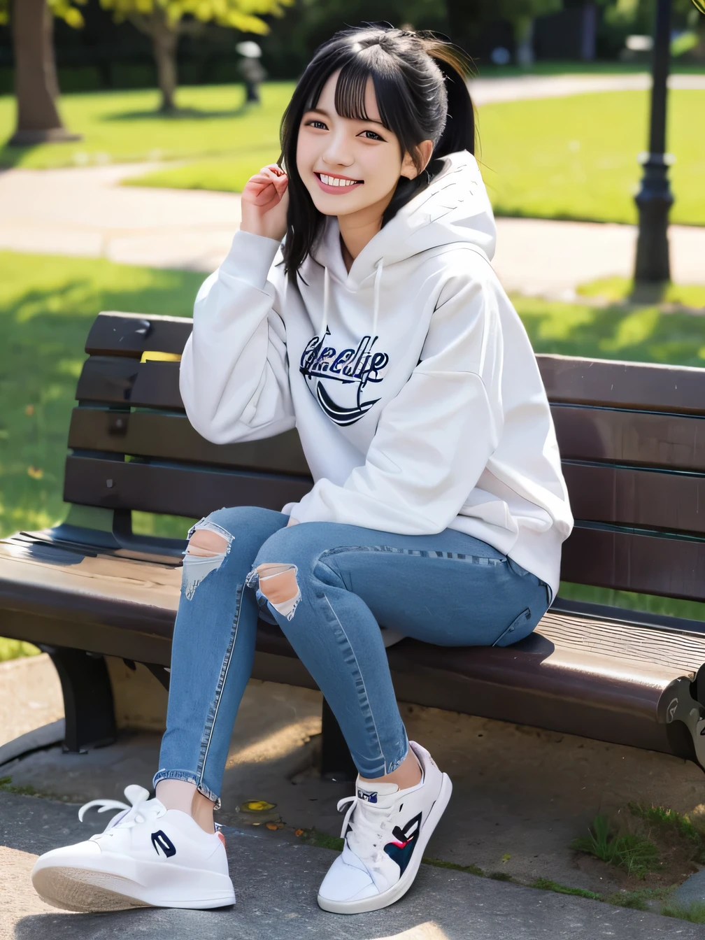 highest quality)), ((masterpiece)), (Get used to it), Perfect Face、((highest quality)), A neat and beautiful woman sitting on a park bench、Ear piercing、hoodie、Skinny jeans、sneakers、Black Hair、Smiling with teeth showing、Full body photo、Ear piercing information
