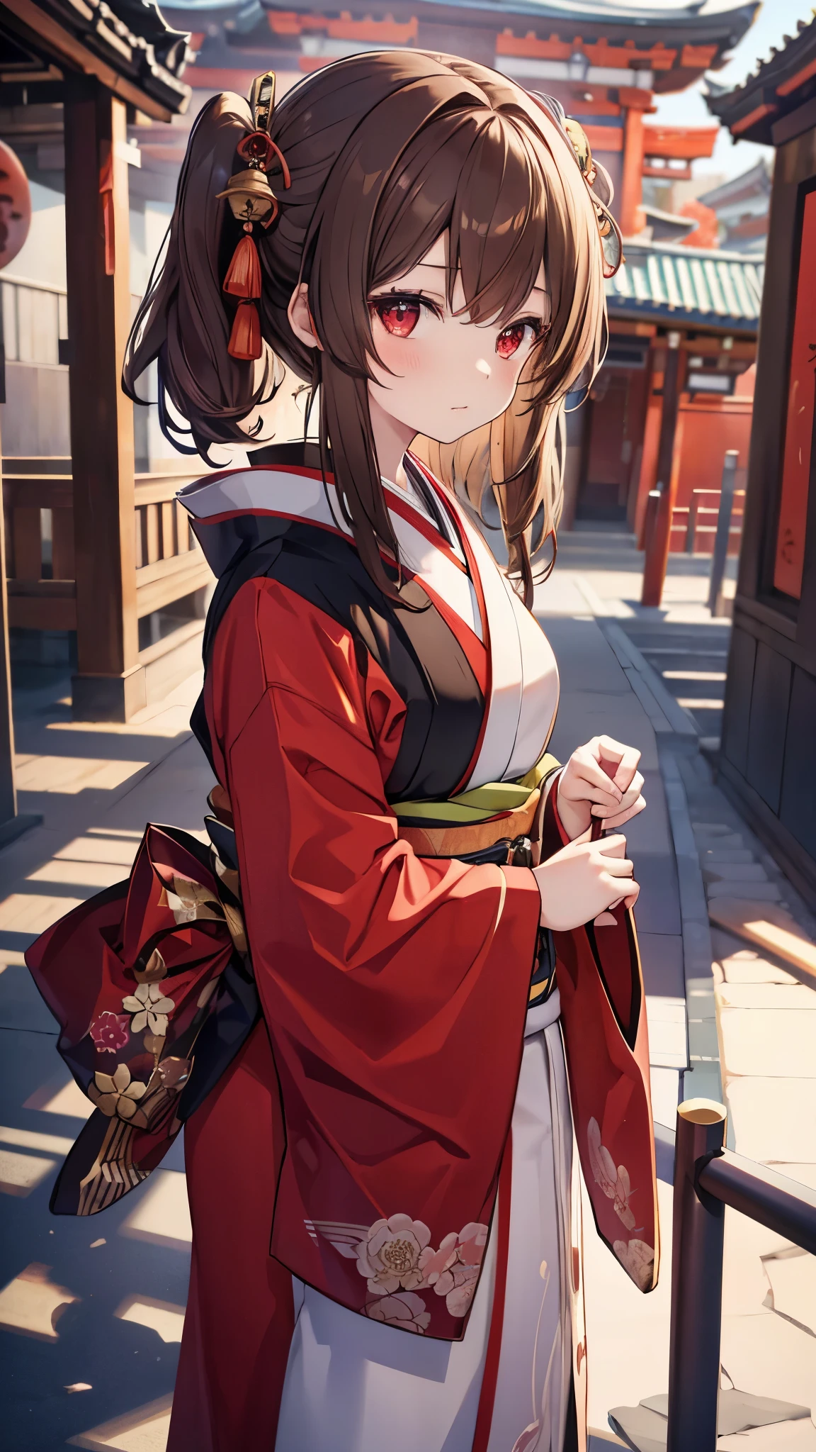One girl, Twin-tailed brown hair, Red eyes, wear Kimono, Temple, Absurd, High resolution, Super sharp, 8k, masterpiece, View your viewers