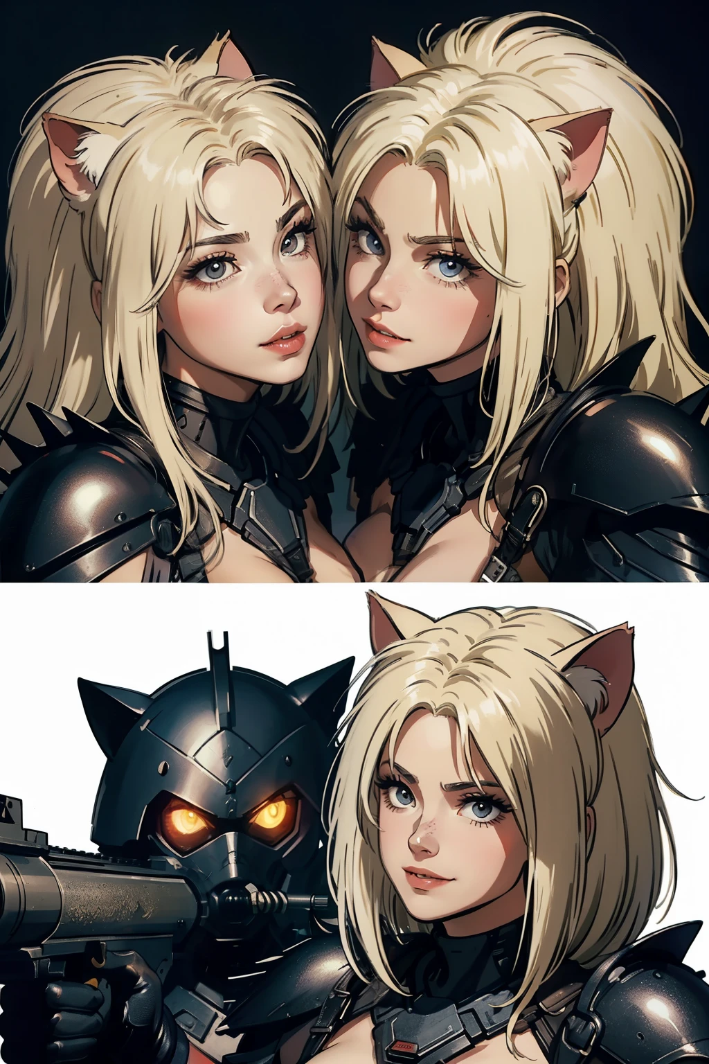 ((highest quality)), ((masterpiece)), (be familiar with), (High definition), 8K, Perfect Face、2Women、Two blonde women with cat ears、((Two people eating Churu))、rest、smile、relax、tall、2 Blonde cat ears、2. Long Hair、2. Volumetric hair style、Large Breasts、Narrow waist、Big Ass、glamorous、Alluring、protector、Armor、combat suit、Combat Boots、Armament、Equipped with large firearms、Cinematic、Best Shadow、Side lighting、NEO TOKYO、tank、(Close-up of face)