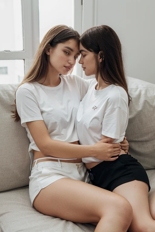 two girls fell asleep wearing transparent white t-shirts and open mini skirts