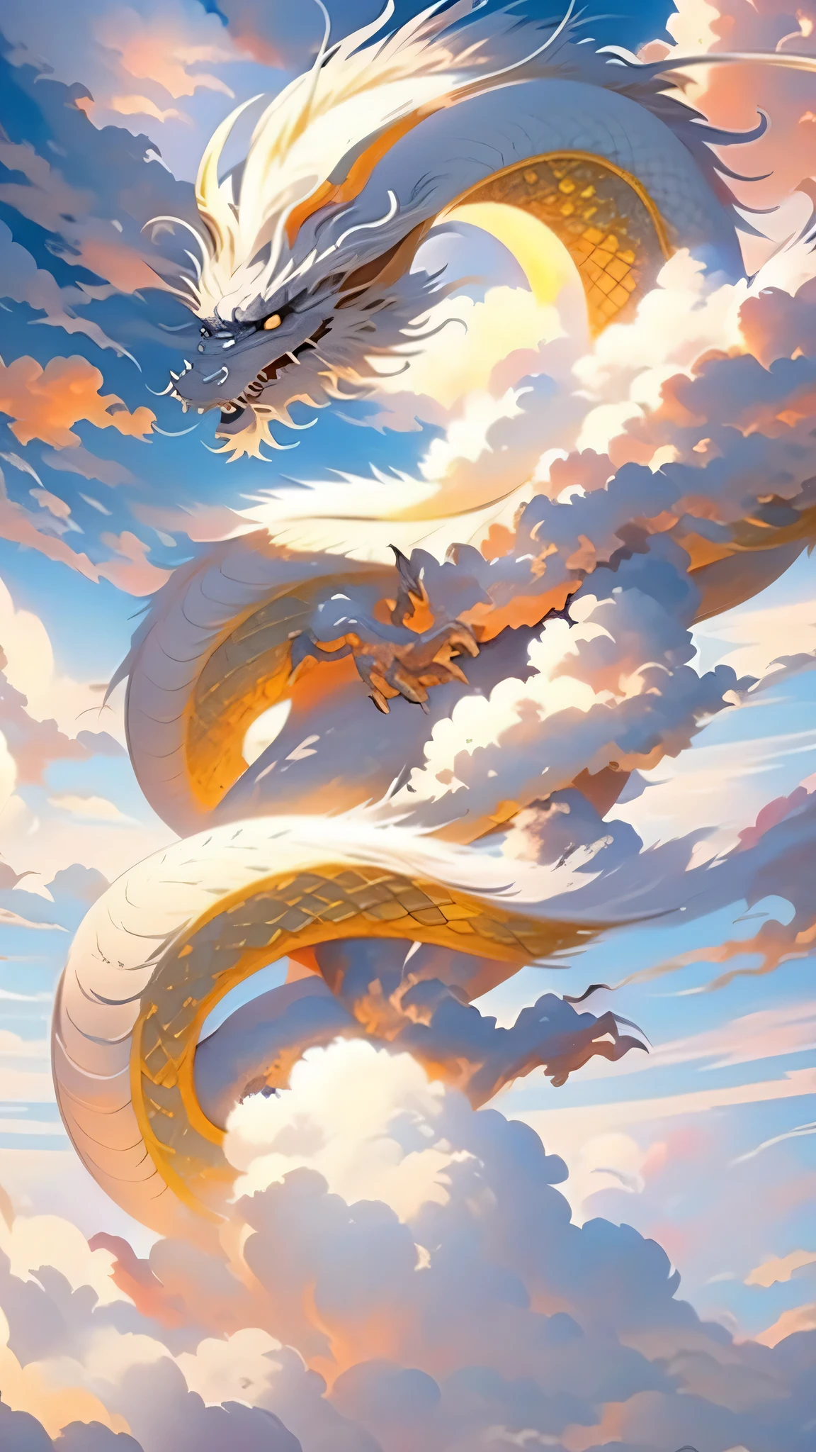 White Dragon,Above the Clouds,Fire and sun as background