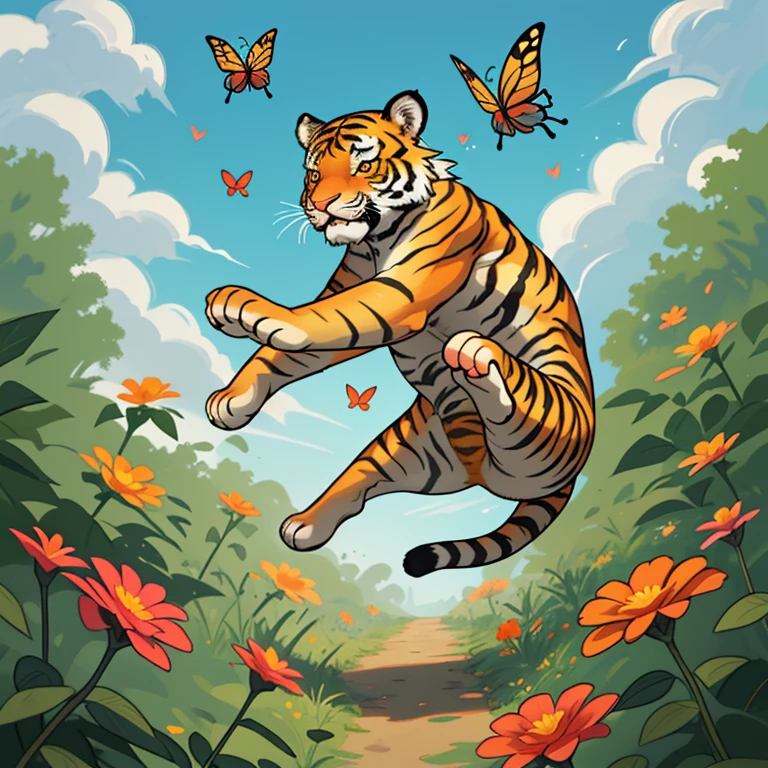 The little tiger is jumping around chasing butterflies among the flowers.