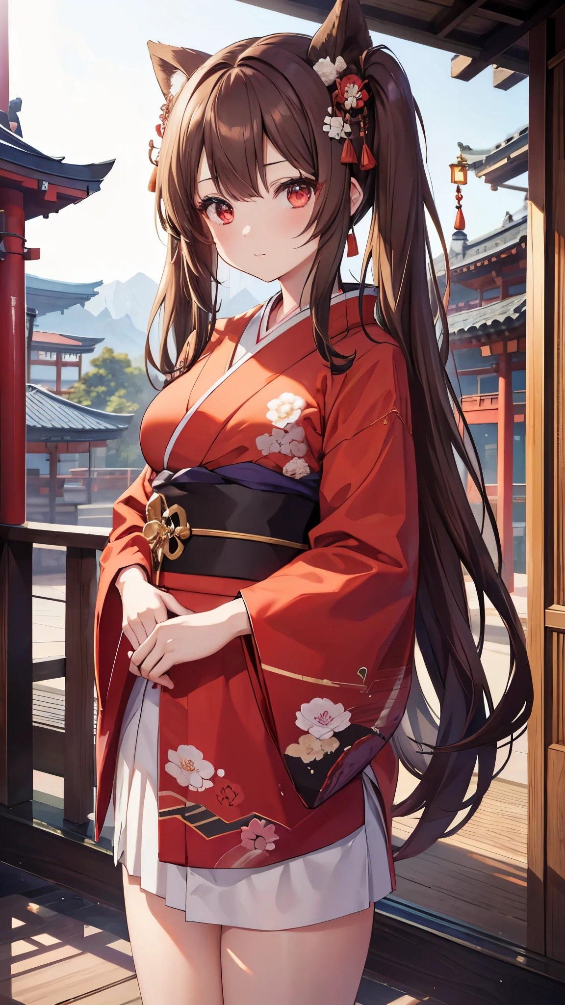 One girl, Twin-tailed brown hair, Red eyes, wear Kimono, Temple, Absurd, High resolution, Super sharp, 8k, masterpiece, View your viewers