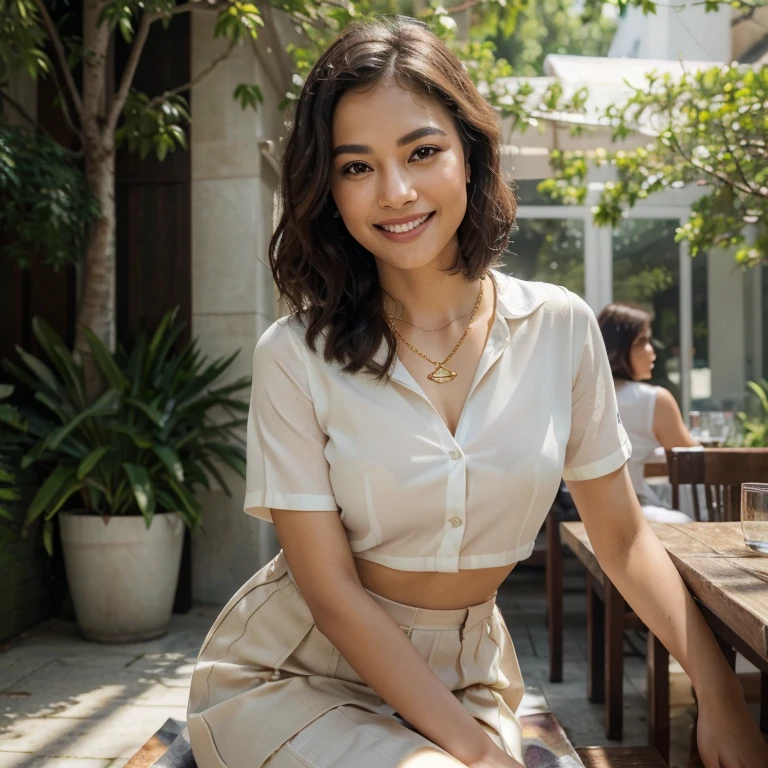 (in 8K, Raw-Photo, best quality, masterpiece:1.2), (epicrealism), (realism:1.6), 1 girl , 31yo, 3/4 body, realistic skin, (skin pores:1.4), a beauty, thai ancestry, beautiful thai girls, beautiful thai women, mestiza, perfect face, slim normal body, wolf cut, (wavy hair), bob cuts hair,(Cute smile), looking at viewer, blazers, tucked in shirts, skirt, office outfit, professional look, flat-chested, (gold necklace:1.2), ((The highest quality, 16 k, masterpiece: 1.3)), Biologically Correct Human, reference, detailed faces, luscious lips, detailed lips, detailed eyes, detailed hair, glittering eyes, realistic pupils, detaioed eyess, outdoor, sitting, cute pose, (smile:1.3), elegant, at a cafe, dynamic lighting, midmorning, bright lighting, white ambience light, backlight, summer, people in the background watching, deep depths of field, blurry background, dynamic background