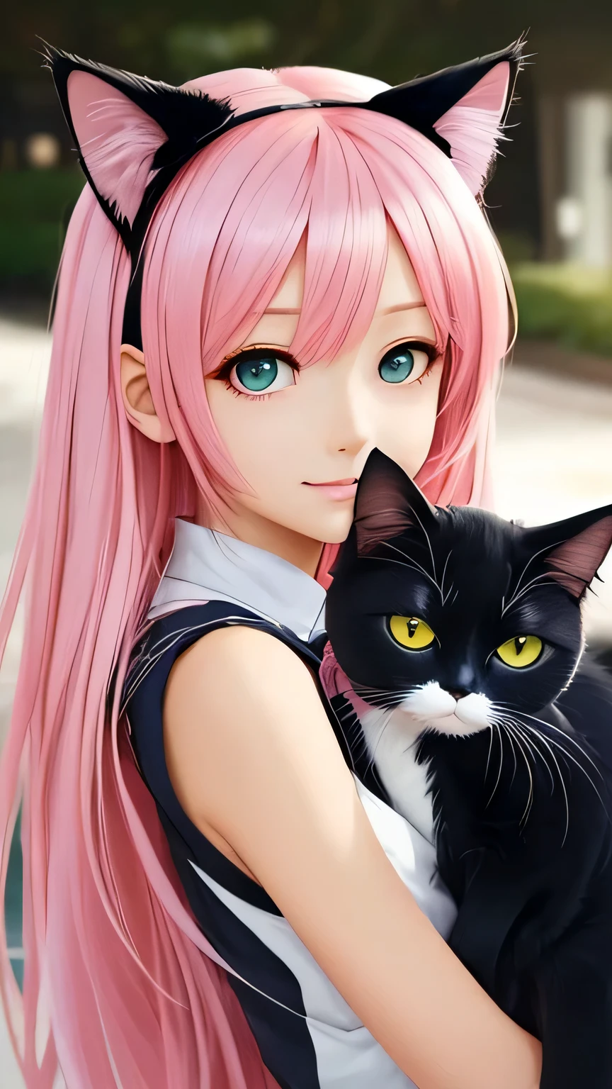 There is a woman with pink hair and cat ears., Very beautiful cute cat girl, Charming cat girl, Real life anime girls, Ultra realistic anime, beautiful Anime cat girl, Anime cat girl, Beautiful young cat girl, Very Beautiful Anime Cat Girl, Surreal , Enchanting anime girl, cute Anime cat girl, Cat ears anime girl、Full body