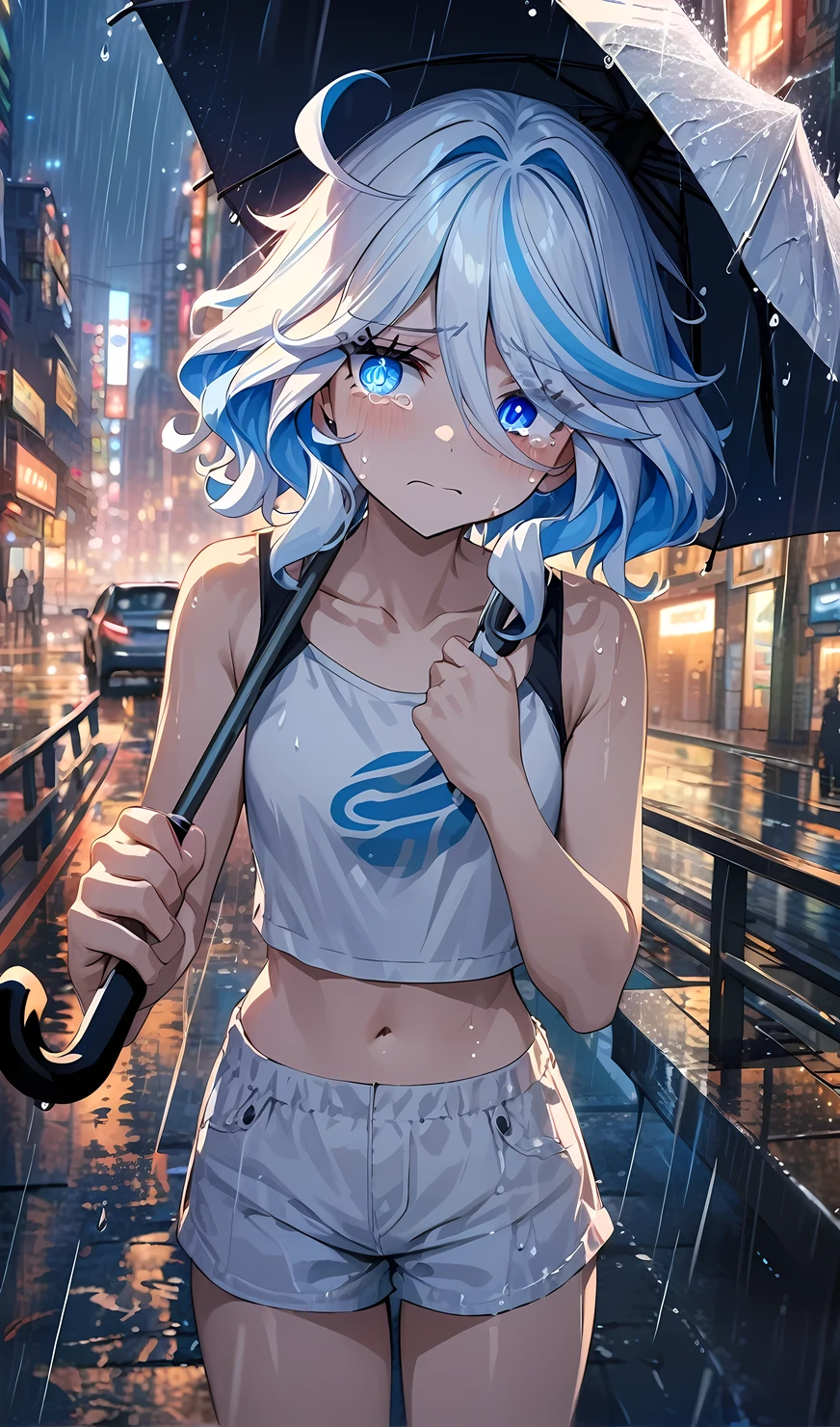 furina, holding umbrella,tears,wearing cropped tank top, wearing plain white cropped tank top, night city, rain,sad,highly detailed eyes, highly detailed face, highly detailed background,