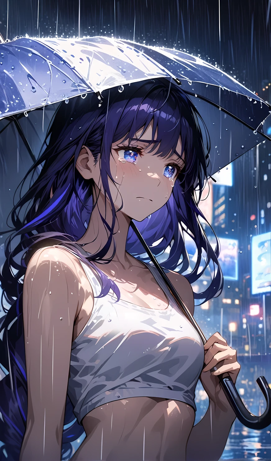 Raiden Shigun, holding umbrella,tears,wearing cropped tank top, wearing plain white cropped tank top, night city, rain,sad,highly detailed eyes, highly detailed face, highly detailed background,