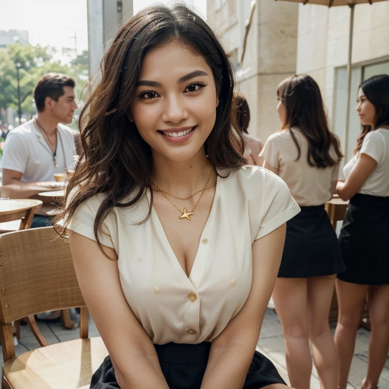 (in 8K, Raw-Photo, best quality, masterpiece:1.2), (epicrealism), (realism:1.6), 1 girl , 31yo, 3/4 body, realistic skin, (skin pores:1.4), a beauty, thai ancestry, beautiful thai girls, beautiful thai women, mestiza, perfect face, slim normal body, wolf cut, (wavy hair), bob cuts hair,(Cute smile), looking at viewer, blazers, tucked in shirts, skirt, office outfit, professional look, flat-chested, (gold necklace:1.2), ((The highest quality, 16 k, masterpiece: 1.3)), Biologically Correct Human, reference, detailed faces, luscious lips, detailed lips, detailed eyes, detailed hair, glittering eyes, realistic pupils, detaioed eyess, outdoor, sitting, cute pose, (smile:1.3), elegant, at a cafe, dynamic lighting, midmorning, bright lighting, white ambience light, backlight, summer, people in the background watching, deep depths of field, blurry background, dynamic background