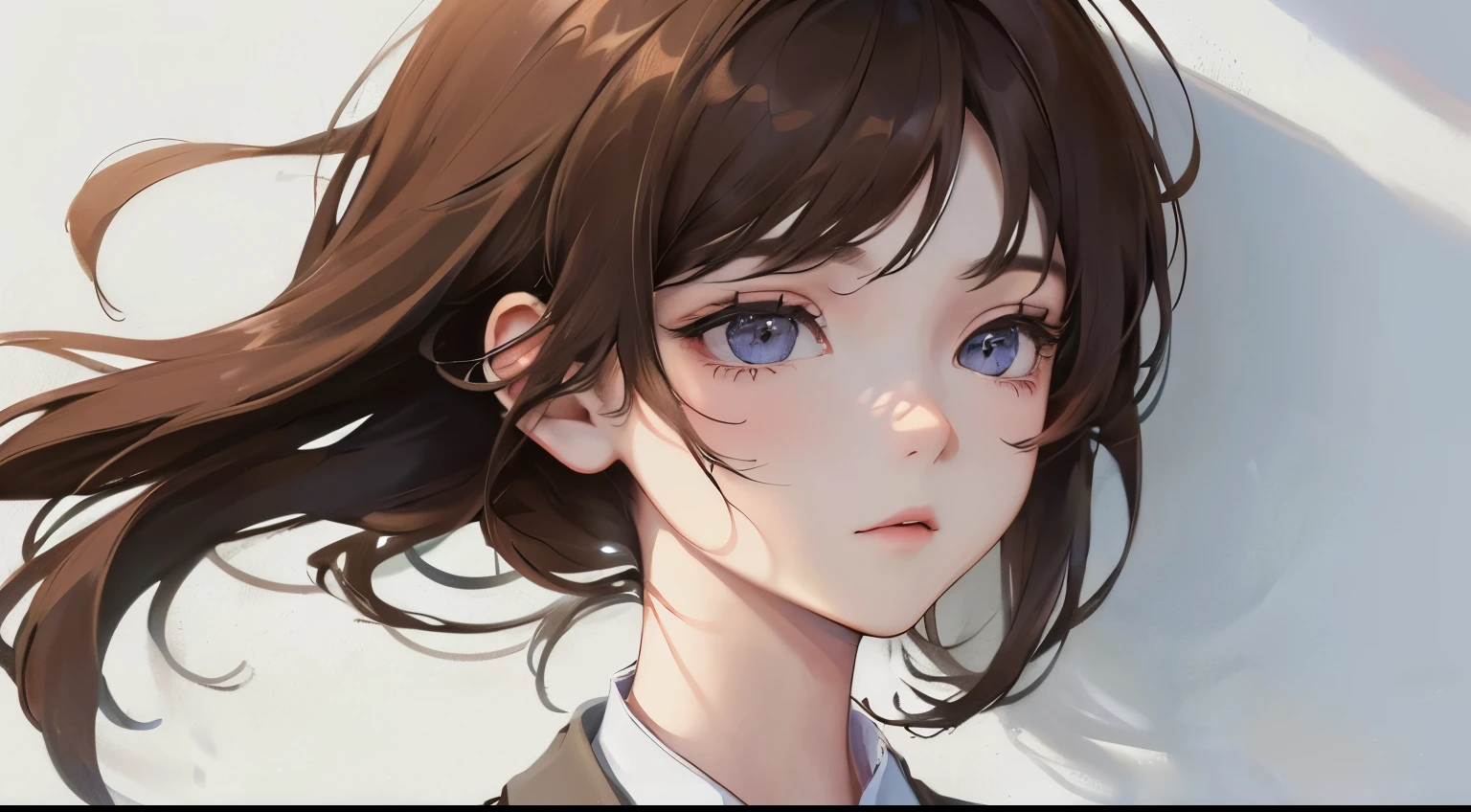 (((1 personの少女)))、Masterpiece,best quality, ((Calm expression))), ((1 person)),(((Office Lady)))、,((Shirt and suit jacket))、((Shadow on a white wall)),Wind、determined expression, upper body diagram、 (Highest Resolution、Clear_image)、Best Quality、Light and shadow contrast、((illumination))、Very detailed、Semi-realistic、Short hairstyle、Brown Hair、bangs、19 years old、　Lady,,young、((View from top))、Delicate Facial Features