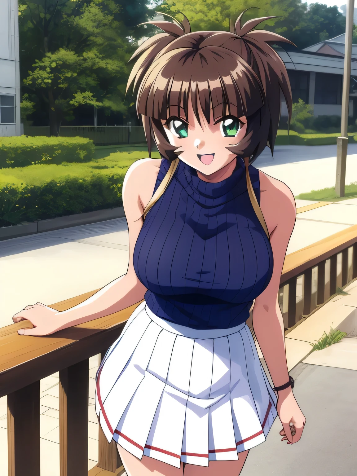 「Akane Ichimonji」, One girl, alone, skirt, white skirt, pleated skirt, Day, Outdoor, Open your mouth, smile, Sleeveless_sweater,masterpiece, expensive quality, very_expensive_solve, big_file size, Full Color,