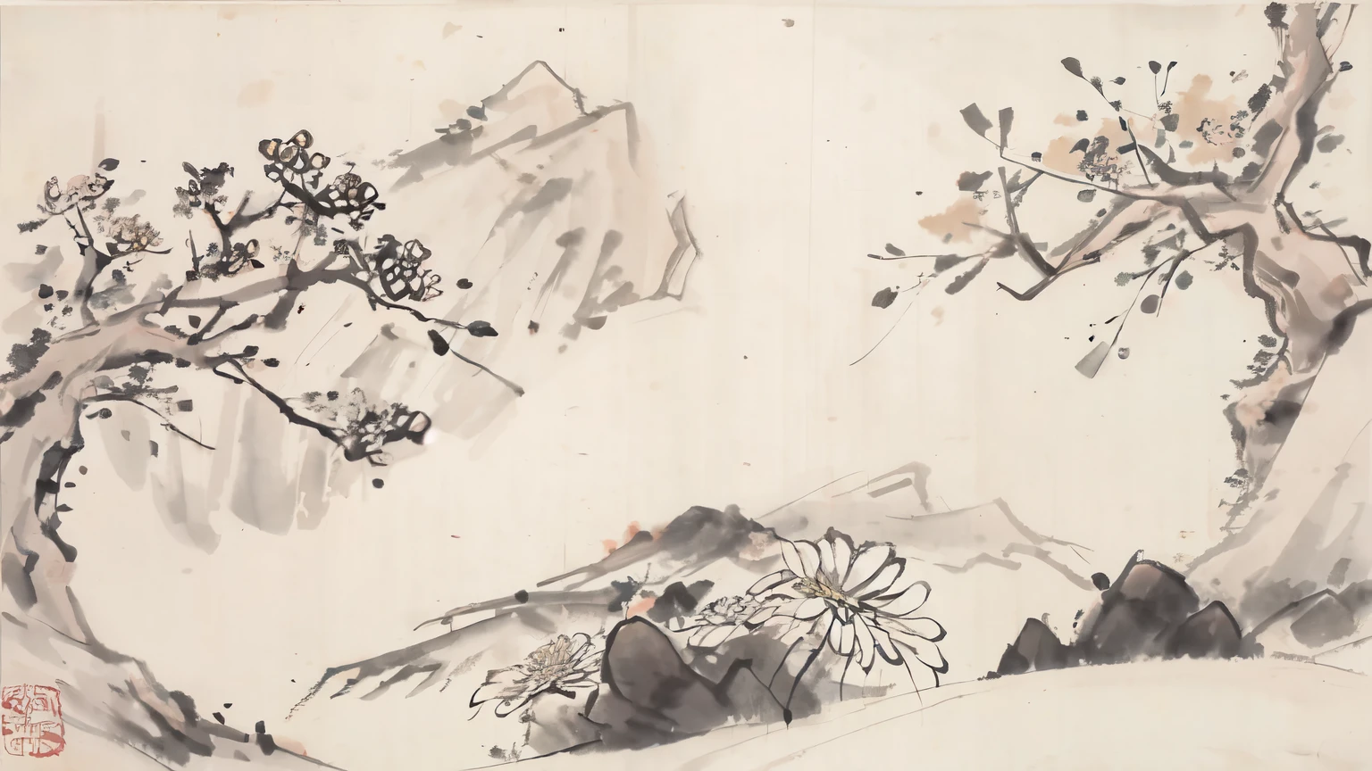 (masterpiece, best quality: 1.2), Traditional Chinese ink painting, houses，Trees，Flowers and Grass，Misty mountains in the distance