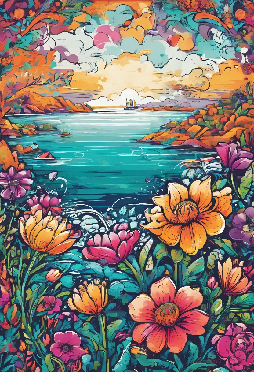 Drawing of flowers against the background of the sea 
