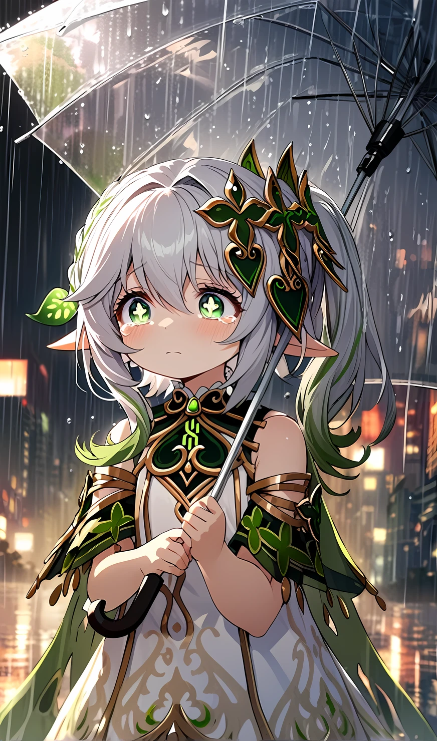 Nahida, holding umbrella,tears,wearing cropped tank top, wearing plain white cropped tank top, night city, rain,sad,highly detailed eyes, highly detailed face, highly detailed background,