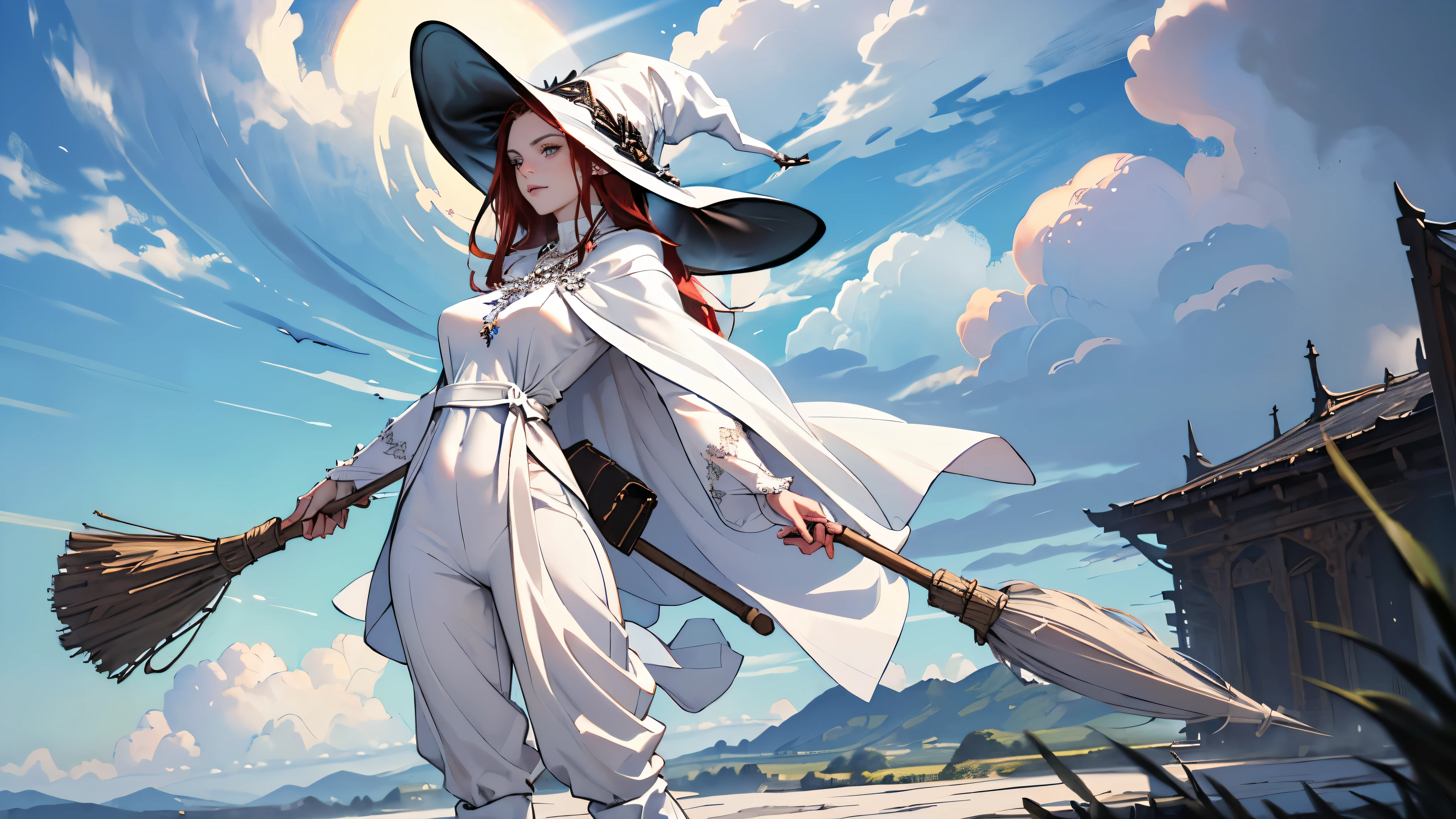 masterpiece, super detailed, 8K portrait, RAW photo, portrait photography, highly detailed face, beautiful and detailed eyes, ((fantasy)), young and beautiful, dynamic pose, (((long dark red straight hair))), ((witch)), white skin color, luxury, crystal necklace, (((Cloudy white silk long cloak))) fluttering in the wind, (((long one-piece tunic))), (((cropped pants)), (((leather boots))), ((fly in the sky on a magic broom)), midday sun, surreal, body model, big breasts, beautiful breasts, long legs, In the sky, environmental lighting, shadow details , Focus the camera on the thigh, strong wind, light fog