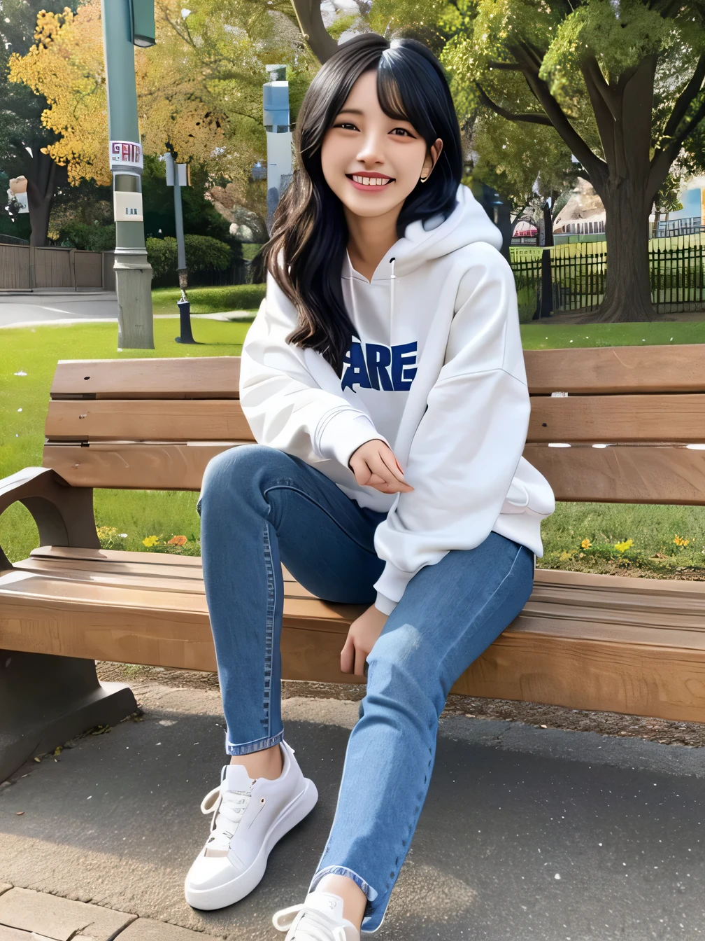 highest quality)), ((masterpiece)), (Get used to it), Perfect Face、((highest quality)), A neat and beautiful woman sitting on a park bench、Ear piercing、hoodie、Skinny jeans、sneakers、Black Hair、Smiling with teeth showing、Full body photo、Ear piercing information
