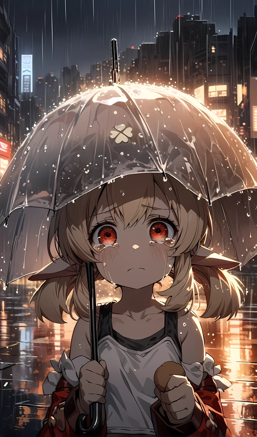 klee, holding umbrella,tears,wearing cropped tank top, wearing plain white cropped tank top, night city, rain,sad,highly detailed eyes, highly detailed face, highly detailed background,