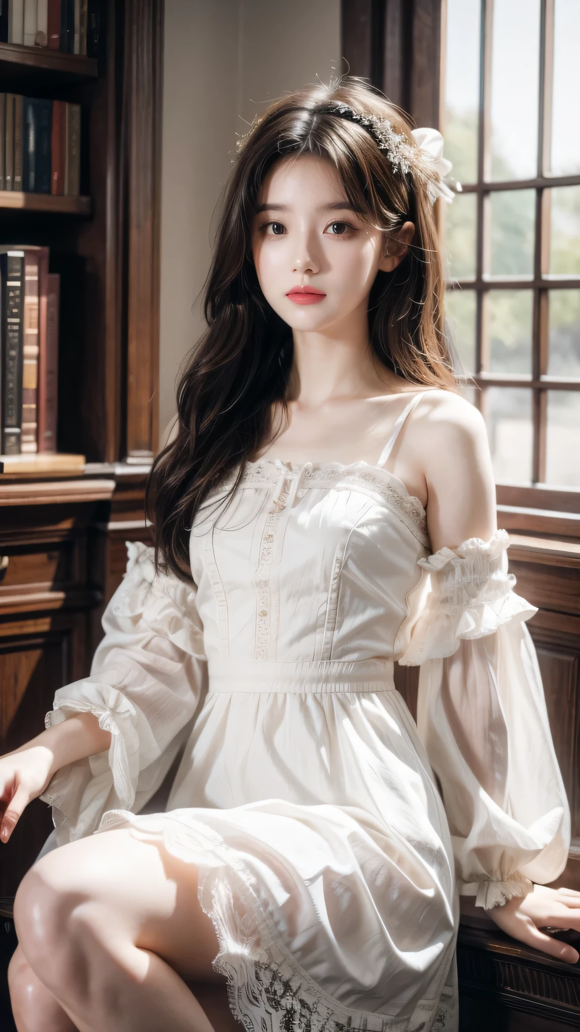 À la Fed image of a girl in a white lace dress and Leonardo da Vinci's notebooks in the background, Stunning young ethereal characters, Portrait of a magical girl, Portrait of a young witch girl, Girl wearing steampunk clothes, Musician girl in lace dress, Natalia Dyer, daphne keen, Portrait of a young witch, Magic girl, Inspired by Irakli Nadal, Inspired by William Muster Lockhart, top quality, detail, detail, masterpiece, High image quality