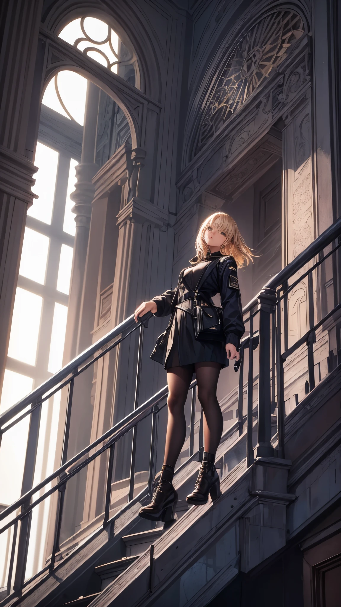 Inside the iron tower,Inside the dark long spiral staircase,the stair made of iron,one woman 20years old,short blonde hair,she’s wearing army’s style,the woman is standing on the stairs,(woman close up)