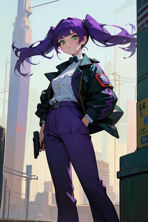 ((masterpiece)), ((highest quality)), ((High resolution)), One girl, alone, Police Officer, (Matching pants, slacks), Urban Background, (Holding a pistol、Aim, Detailed pistol, Glock 22, Breaking the rules), Are standing, Medium Hair, (Purple Hair, Twin tails), (Green Eyes),