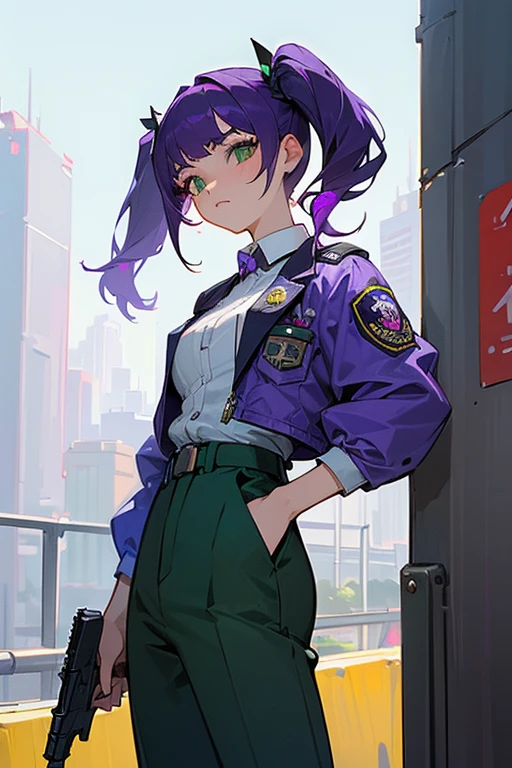 ((masterpiece)), ((highest quality)), ((High resolution)), One girl, alone, Police Officer, (Matching pants, slacks), Urban Background, (Holding a pistol、Aim, Detailed pistol, Glock 22, Breaking the rules), Are standing, Medium Hair, (Purple Hair, Twin tails), (Green Eyes),