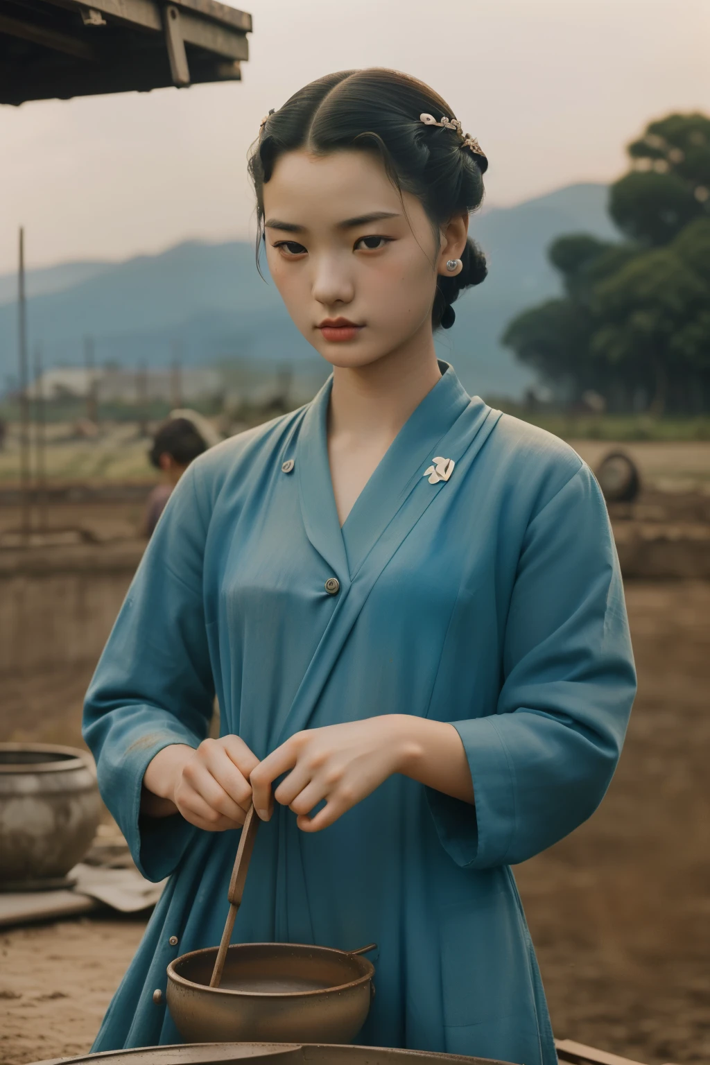 Kioto, 1944. A young ((((24-year-old)) Sayuri)), strikingly beautiful, delicate facial features, porcelain skin, expressive eyes, outdoors, dyeing fabric in a cauldron, ((sad expression)), ((((worker clothings from the 1940s)))), ((hairstyle of the 1940s)), colorful