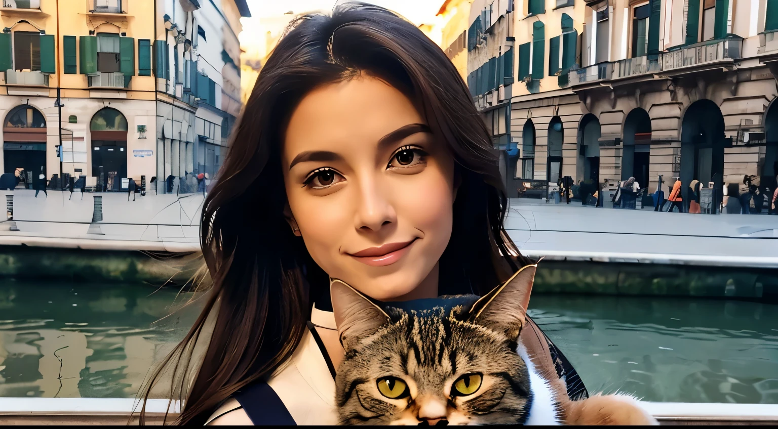 Beautiful woman holding a cat,Scenery of Milan, Italy、The various expressions of cats、Background Real