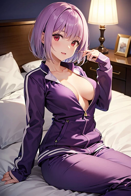 (8K、top-quality、​masterpiece:1.2)、(realisitic、ultra-detailliert、超A high resolution,beautifull detailed face,perfect body,perfect lighting,constriction,beautiful detailed skin,skin texture,(1giri,very short hair:1.5,purple hair,red eyes),lying on bed,on her back,((loungewear,full-zipped,loungewear over naked,purple)
