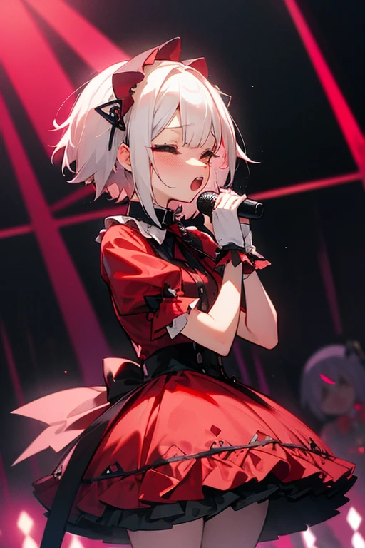 Short white hair, blush, Gothic ta、Punk Fashion、Headbang 2.、Red clothes、sing with a microphone、