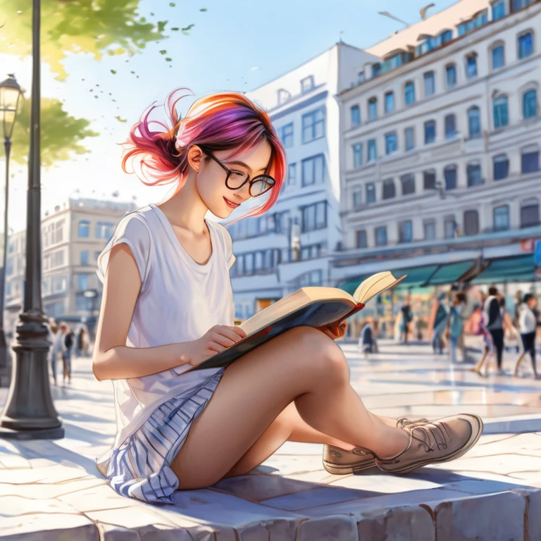 (best quality,ultra-detailed,realistic:1.37),girl sitting in a plaza reading a book in the late afternoon,anime-style drawing,aquarelle technique, colorful hair blowing in the wind,wearing glasses,happy expression,profile drawing 