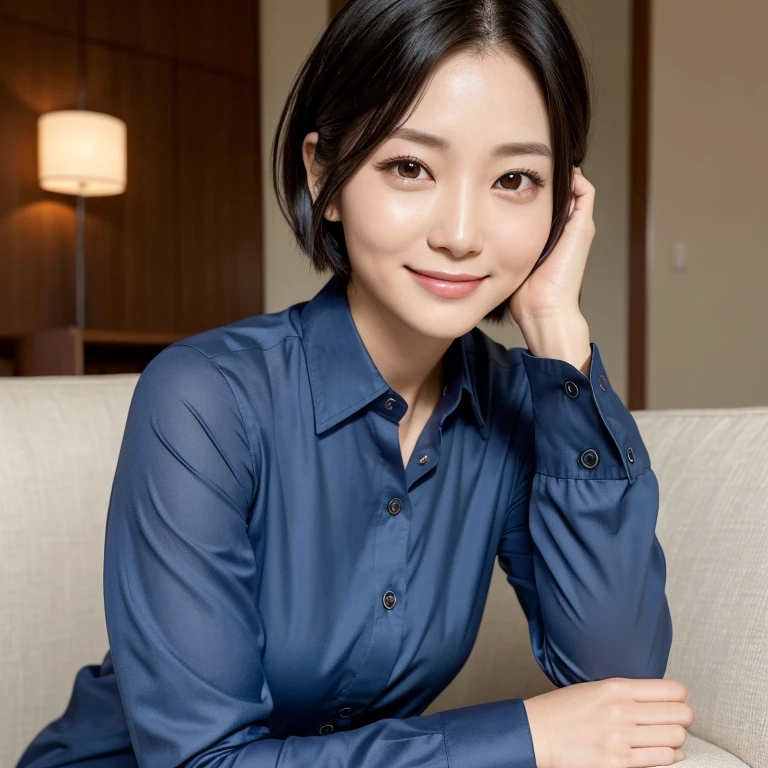 The face of a beautiful Japanese woman in her thirties with short hair wearing a long-sleeved dark blue cotton shirt in the living room at night, leaning her head against the headrest of the sofa, looking at me with a resigned smile. Focal length 100mmf/2.8, spring night, living room on the upper floor of a high-rise apartment, well-shaped face, friendly and gentle smile, toned body, dark blue long-sleeved cotton shirt, maximum close-up of eyes, sense of presence, 8K image quality, highest quality.