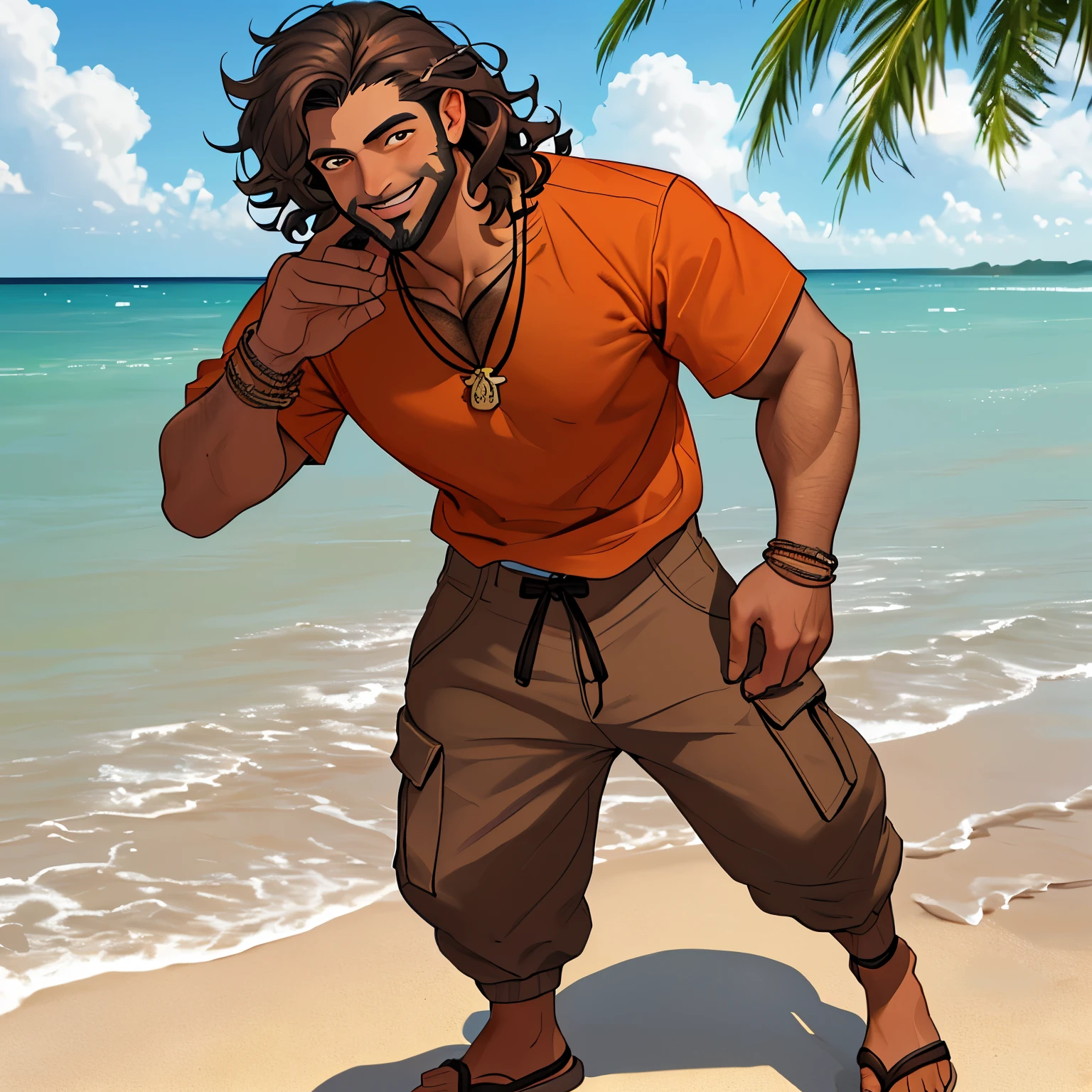 ((best quality)), ((masterpiece)), (detailed), mid thirties, male, stubble, dark brown wavy curlyish hair, dark brown eyes, tan skin, baggy dark brown tye dye shirt, medium muscular build,black and white turtle shell necklace, thread bracelets, cargo shorts, sunny day, orange hues on him, smiling, dimple on right cheek, dynamic, full body shot,