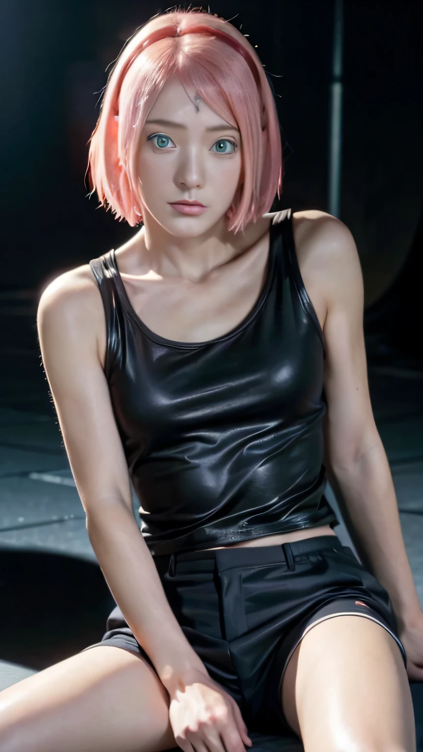 masterpiece, ,(solo:1.1), perfect face, (bright lighting:1.2),beautiful detailed eyes, extremely detailed face, perfect lighting,masterpiece, best quality, 1girl,haruno sakura, M-shaped spread legs, black short pants, black tanktop